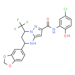 ChemSpider 2D Image | 5-(1,3-Benzodioxol-5-yl)-N-(5-chloro-2-hydroxyphenyl)-7-(trifluoromethyl)-4,5,6,7-tetrahydropyrazolo[1,5-a]pyrimidine-2-carboxamide | C21H16ClF3N4O4