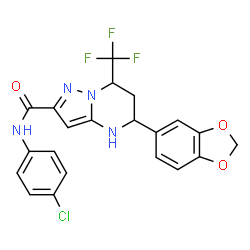 ChemSpider 2D Image | 5-(1,3-Benzodioxol-5-yl)-N-(4-chlorophenyl)-7-(trifluoromethyl)-4,5,6,7-tetrahydropyrazolo[1,5-a]pyrimidine-2-carboxamide | C21H16ClF3N4O3