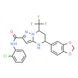 ChemSpider 2D Image | 5-(1,3-Benzodioxol-5-yl)-N-(2-chlorophenyl)-7-(trifluoromethyl)-4,5,6,7-tetrahydropyrazolo[1,5-a]pyrimidine-2-carboxamide | C21H16ClF3N4O3