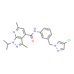 ChemSpider 2D Image | N-{3-[(4-Chloro-1H-pyrazol-1-yl)methyl]phenyl}-1-isopropyl-3,6-dimethyl-1H-pyrazolo[3,4-b]pyridine-4-carboxamide | C22H23ClN6O