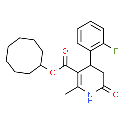 ChemSpider 2D Image | Cyclooctyl 4-(2-fluorophenyl)-2-methyl-6-oxo-1,4,5,6-tetrahydro-3-pyridinecarboxylate | C21H26FNO3