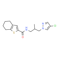 ChemSpider 2D Image | N-[3-(4-Chloro-1H-pyrazol-1-yl)-2-methylpropyl]-4,5,6,7-tetrahydro-1-benzothiophene-2-carboxamide | C16H20ClN3OS