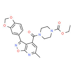ChemSpider 2D Image | Ethyl 4-{[3-(1,3-benzodioxol-5-yl)-6-methyl[1,2]oxazolo[5,4-b]pyridin-4-yl]carbonyl}-1-piperazinecarboxylate | C22H22N4O6