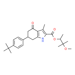 ChemSpider 2D Image | 3-Methoxy-3-methyl-2-butanyl 3-methyl-6-[4-(2-methyl-2-propanyl)phenyl]-4-oxo-4,5,6,7-tetrahydro-1H-indole-2-carboxylate | C26H35NO4