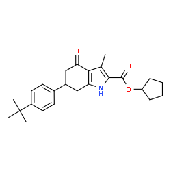 ChemSpider 2D Image | Cyclopentyl 3-methyl-6-[4-(2-methyl-2-propanyl)phenyl]-4-oxo-4,5,6,7-tetrahydro-1H-indole-2-carboxylate | C25H31NO3