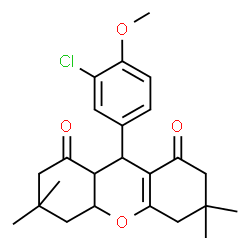 ChemSpider 2D Image | 9-(3-Chloro-4-methoxyphenyl)-3,3,6,6-tetramethyl-3,4,4a,5,6,7,9,9a-octahydro-1H-xanthene-1,8(2H)-dione | C24H29ClO4