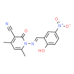 ChemSpider 2D Image | 1-({2-hydroxy-5-nitrobenzylidene}amino)-4,6-dimethyl-2-oxo-1,2-dihydropyridine-3-carbonitrile | C15H12N4O4
