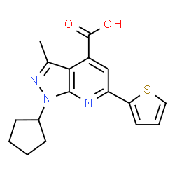 ChemSpider 2D Image | 1-Cyclopentyl-3-methyl-6-thien-2-yl-1H-pyrazolo[3,4-b]pyridine-4-carboxylic acid | C17H17N3O2S