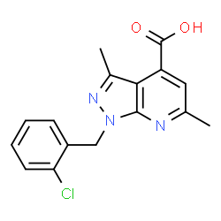 ChemSpider 2D Image | 1-(2-Chlorobenzyl)-3,6-dimethyl-1H-pyrazolo[3,4-b]pyridine-4-carboxylic acid | C16H14ClN3O2