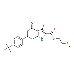 ChemSpider 2D Image | 2-(Methylsulfanyl)ethyl 3-methyl-6-[4-(2-methyl-2-propanyl)phenyl]-4-oxo-4,5,6,7-tetrahydro-1H-indole-2-carboxylate | C23H29NO3S