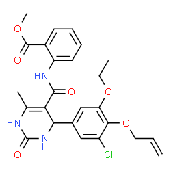 ChemSpider 2D Image | Methyl 2-[({4-[4-(allyloxy)-3-chloro-5-ethoxyphenyl]-6-methyl-2-oxo-1,2,3,4-tetrahydro-5-pyrimidinyl}carbonyl)amino]benzoate | C25H26ClN3O6