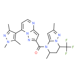 ChemSpider 2D Image | [2,5-Dimethyl-7-(trifluoromethyl)-6,7-dihydropyrazolo[1,5-a]pyrimidin-4(5H)-yl][7-(1,3,5-trimethyl-1H-pyrazol-4-yl)pyrazolo[1,5-a]pyrimidin-2-yl]methanone | C22H23F3N8O