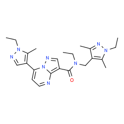 ChemSpider 2D Image | N-Ethyl-N-[(1-ethyl-3,5-dimethyl-1H-pyrazol-4-yl)methyl]-7-(1-ethyl-5-methyl-1H-pyrazol-4-yl)pyrazolo[1,5-a]pyrimidine-3-carboxamide | C23H30N8O