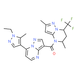 ChemSpider 2D Image | [2,5-Dimethyl-7-(trifluoromethyl)-6,7-dihydropyrazolo[1,5-a]pyrimidin-4(5H)-yl][7-(1-ethyl-5-methyl-1H-pyrazol-4-yl)pyrazolo[1,5-a]pyrimidin-3-yl]methanone | C22H23F3N8O
