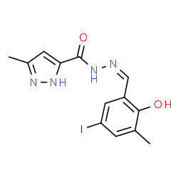 ChemSpider 2D Image | N'-[(Z)-(2-Hydroxy-5-iodo-3-methylphenyl)methylene]-3-methyl-1H-pyrazole-5-carbohydrazide | C13H13IN4O2
