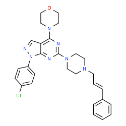 ChemSpider 2D Image | 1-(4-Chlorophenyl)-4-(4-morpholinyl)-6-{4-[(2E)-3-phenyl-2-propen-1-yl]-1-piperazinyl}-1H-pyrazolo[3,4-d]pyrimidine | C28H30ClN7O
