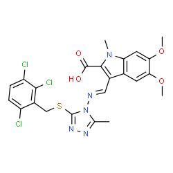 ChemSpider 2D Image | 5,6-Dimethoxy-1-methyl-3-[(E)-({3-methyl-5-[(2,3,6-trichlorobenzyl)sulfanyl]-4H-1,2,4-triazol-4-yl}imino)methyl]-1H-indole-2-carboxylic acid | C23H20Cl3N5O4S