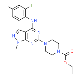 ChemSpider 2D Image | Ethyl 4-{4-[(2,4-difluorophenyl)amino]-1-methyl-1H-pyrazolo[3,4-d]pyrimidin-6-yl}-1-piperazinecarboxylate | C19H21F2N7O2