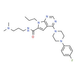 ChemSpider 2D Image | N-[3-(Dimethylamino)propyl]-4-[4-(4-fluorophenyl)-1-piperazinyl]-7-propyl-7H-pyrrolo[2,3-d]pyrimidine-6-carboxamide | C25H34FN7O