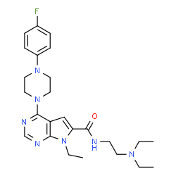 ChemSpider 2D Image | N-[2-(Diethylamino)ethyl]-7-ethyl-4-[4-(4-fluorophenyl)-1-piperazinyl]-7H-pyrrolo[2,3-d]pyrimidine-6-carboxamide | C25H34FN7O