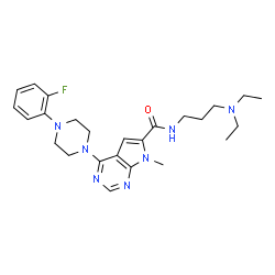 ChemSpider 2D Image | N-[3-(Diethylamino)propyl]-4-[4-(2-fluorophenyl)-1-piperazinyl]-7-methyl-7H-pyrrolo[2,3-d]pyrimidine-6-carboxamide | C25H34FN7O