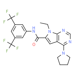 ChemSpider 2D Image | N-[3,5-Bis(trifluoromethyl)phenyl]-7-ethyl-4-(1-pyrrolidinyl)-7H-pyrrolo[2,3-d]pyrimidine-6-carboxamide | C21H19F6N5O