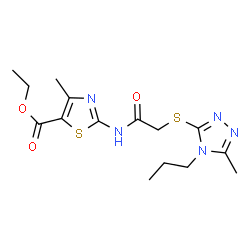 ChemSpider 2D Image | Ethyl 4-methyl-2-({[(5-methyl-4-propyl-4H-1,2,4-triazol-3-yl)sulfanyl]acetyl}amino)-1,3-thiazole-5-carboxylate | C15H21N5O3S2