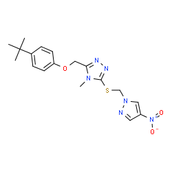 ChemSpider 2D Image | 4-Methyl-3-{[4-(2-methyl-2-propanyl)phenoxy]methyl}-5-{[(4-nitro-1H-pyrazol-1-yl)methyl]sulfanyl}-4H-1,2,4-triazole | C18H22N6O3S