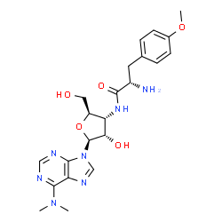ChemSpider 2D Image | (2S)-2-Amino-N-[(2R,3R,4S,5S)-5-[6-(dimethylamino)-9H-purin-9-yl]-4-hydroxy-2-(hydroxymethyl)tetrahydro-3-furanyl]-3-(4-methoxyphenyl)propanamide | C22H29N7O5