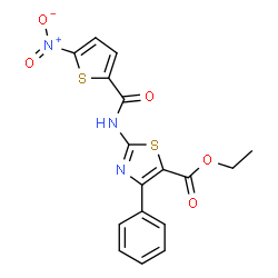 ChemSpider 2D Image | Ethyl 2-{[(5-nitro-2-thienyl)carbonyl]amino}-4-phenyl-1,3-thiazole-5-carboxylate | C17H13N3O5S2