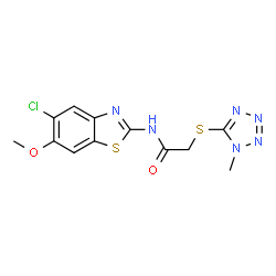ChemSpider 2D Image | N-(5-Chloro-6-methoxy-1,3-benzothiazol-2-yl)-2-[(1-methyl-1H-tetrazol-5-yl)sulfanyl]acetamide | C12H11ClN6O2S2
