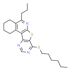 ChemSpider 2D Image | 8-(Hexylsulfanyl)-5-propyl-1,2,3,4-tetrahydropyrimido[4',5':4,5]thieno[2,3-c]isoquinoline | C22H29N3S2