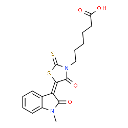 ChemSpider 2D Image | 6-[(5E)-5-(1-Methyl-2-oxo-1,2-dihydro-3H-indol-3-ylidene)-4-oxo-2-thioxo-1,3-thiazolidin-3-yl]hexanoic acid | C18H18N2O4S2