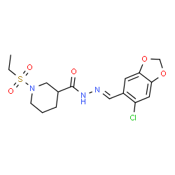 ChemSpider 2D Image | N'-[(E)-(6-Chloro-1,3-benzodioxol-5-yl)methylene]-1-(ethylsulfonyl)-3-piperidinecarbohydrazide | C16H20ClN3O5S