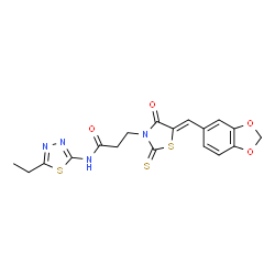 ChemSpider 2D Image | 3-[(5Z)-5-(1,3-Benzodioxol-5-ylmethylene)-4-oxo-2-thioxo-1,3-thiazolidin-3-yl]-N-(5-ethyl-1,3,4-thiadiazol-2-yl)propanamide | C18H16N4O4S3
