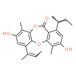 ChemSpider 2D Image | 1,6-Di[(2Z)-2-buten-2-yl]-3,8-dihydroxy-4,9-dimethyl-11H-dibenzo[b,e][1,4]dioxepin-11-one | C23H24O5