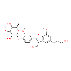 ChemSpider 2D Image | 4-[3-(Hydroxymethyl)-5-(3-hydroxypropyl)-7-methoxy-2,3-dihydro-1-benzofuran-2-yl]-2-methoxyphenyl 6-deoxy-alpha-D-glucopyranoside | C26H34O10