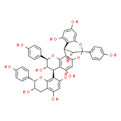 ChemSpider 2D Image | (1R,5R,6S,7R,13S,21R)-5,13-Bis(4-hydroxyphenyl)-7-[(2S,3S)-3,5,7-trihydroxy-2-(4-hydroxyphenyl)-3,4-dihydro-2H-chromen-8-yl]-4,12,14-trioxapentacyclo[11.7.1.0~2,11~.0~3,8~.0~15,20~]henicosa-2,8,10,15,
17,19-hexaene-6,9,17,19,21-pentol | C45H36O15