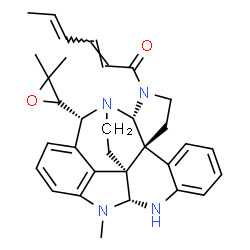 ChemSpider 2D Image | (2E,4E)-1-[(2R,6R,14R,22S,25R)-25-(3,3-Dimethyl-2-oxiranyl)-15-methyl-1,3,13,15-tetraazaheptacyclo[18.4.1.0~2,6~.0~6,22~.0~7,12~.0~14,22~.0~16,21~]pentacosa-7,9,11,16,18,20-hexaen-3-yl]-2,4-hexadien-1
-one | C32H36N4O2