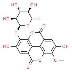 ChemSpider 2D Image | 2,7-Dihydroxy-8-methoxy-5,10-dioxo-5,10-dihydrochromeno[5,4,3-cde]chromen-3-yl 6-deoxy-alpha-L-glucopyranoside | C21H18O12