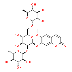 ChemSpider 2D Image | 6-Methoxy-2-oxo-2H-chromen-7-yl 6-deoxy-alpha-L-glucopyranosyl-(1->2)-[6-deoxy-alpha-L-glucopyranosyl-(1->6)]-beta-D-mannopyranoside | C28H38O17