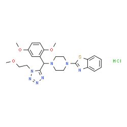 ChemSpider 2D Image | 2-(4-{(2,5-Dimethoxyphenyl)[1-(2-methoxyethyl)-1H-tetrazol-5-yl]methyl}-1-piperazinyl)-1,3-benzothiazole hydrochloride (1:1) | C24H30ClN7O3S