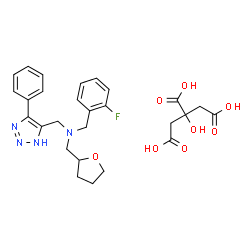 ChemSpider 2D Image | 1-(2-Fluorophenyl)-N-[(4-phenyl-1H-1,2,3-triazol-5-yl)methyl]-N-(tetrahydro-2-furanylmethyl)methanamine 2-hydroxy-1,2,3-propanetricarboxylate (1:1) | C27H31FN4O8