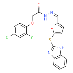 ChemSpider 2D Image | N'-{(Z)-[5-(1H-Benzimidazol-2-ylsulfanyl)-2-furyl]methylene}-2-(2,4-dichlorophenoxy)acetohydrazide | C20H14Cl2N4O3S