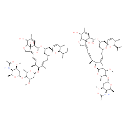 ChemSpider 2D Image | (1'R,2S,4'S,5S,6R,8'R,10'E,12'S,13'S,14'E,16'E,20'R,21'R,24'S)-6-[(2S)-2-Butanyl]-21',24'-dihydroxy-5,11',13',22'-tetramethyl-2'-oxo-5,6-dihydrospiro[pyran-2,6'-[3,7,19]trioxatetracyclo[15.6.1.1~4,8~.
0~20,24~]pentacosa[10,14,16,22]tetraen]-12'-yl 4-O-(4-acetamido-2,4,6-trideoxy-3-O-methyl-alpha-L-lyxo-hexopyranosyl)-2,6-dideoxy-3-O-methyl-alpha-L-arabino-hexopyranoside - (1'R,2S,4'S,5S,6R,8'R,10'Z
,12'S,13'S,16'E,20'R,21'R,24'S)-21',24'-dihydroxy-6-isopropyl-5,11',13',22'-tetramethyl-2'-oxo-5,6-dihydrospiro[pyran-2,6'-[3,7,19]trioxatetracyclo[15.6.1.1~4,8~.0~20,24~]pentacosa[10,14,16,22]tetraen
]-12'-yl 4-O-(4-acetamido-2,4,6-trideoxy-3-O-methyl-alpha-L-lyxo-hexopyranosyl)-2,6-dideoxy-3-O-methyl-alpha-L-arabino-hexopyranoside (1:1) | C99H148N2O28