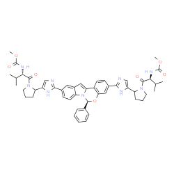 ChemSpider 2D Image | Methyl {(2S)-1-[2-(2-{(6S)-10-[5-(1-{(2S)-2-[(methoxycarbonyl)amino]-3-methylbutanoyl}-2-pyrrolidinyl)-1H-imidazol-2-yl]-6-phenylindolo[1,2-c][1,3]benzoxazin-3-yl}-1H-imidazol-5-yl)-1-pyrrolidinyl]-3-
methyl-1-oxo-2-butanyl}carbamate | C49H55N9O7