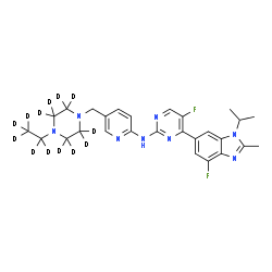 ChemSpider 2D Image | N-(5-{[4-(~2~H_5_)Ethyl(~2~H_8_)-1-piperazinyl]methyl}-2-pyridinyl)-5-fluoro-4-(4-fluoro-1-isopropyl-2-methyl-1H-benzimidazol-6-yl)-2-pyrimidinamine | C27H19D13F2N8