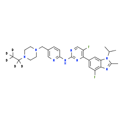 ChemSpider 2D Image | N-(5-{[4-(~2~H_5_)Ethyl-1-piperazinyl]methyl}-2-pyridinyl)-5-fluoro-4-(4-fluoro-1-isopropyl-2-methyl-1H-benzimidazol-6-yl)-2-pyrimidinamine | C27H27D5F2N8