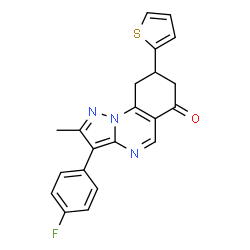 ChemSpider 2D Image | 3-(4-Fluorophenyl)-2-methyl-8-(2-thienyl)-8,9-dihydropyrazolo[1,5-a]quinazolin-6(7H)-one | C21H16FN3OS