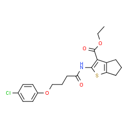 ChemSpider 2D Image | Ethyl 2-{[4-(4-chlorophenoxy)butanoyl]amino}-5,6-dihydro-4H-cyclopenta[b]thiophene-3-carboxylate | C20H22ClNO4S